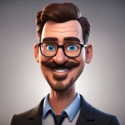 a portrait of smiling western man. caricature. brown short hair. light skin. blue eye pupils. rectangle eyeglasses, black frame. oval face shape. has a lot of goatee and moustache. wear black formal dress. pixar style. 3D. 4k. portrait. highly detailed. sharp focus. high resolution. full color. cinema lighting