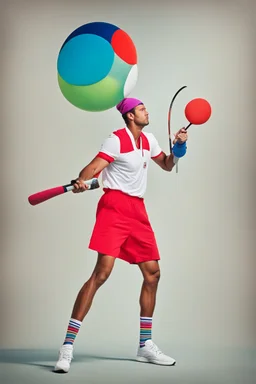 the tennis player juggles his racket: colorful and humorous, quirky avant garde [in oger dean's style] futuristic, neo-dada