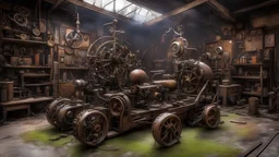 Rasenmäher reparieren. Seltsame, fantastische, heruntergekommene magische Steampunk-Werkstatt, Haufen alter mechanischer Rasenmäher demontiert und repariert, Staub, Schmutz, Grasschnitt, Spinnweben, Öl, Trümmer, faszinierende, komplizierte mechanische Werkzeuge, kleine Mikroroboter, erstaunliche Technik, preisgekröntes Foto, extrem Detaillierte, wunderschöne Komposition, Meisterwerk, Fotorealismus, weiches, natürliches, volumetrisches, perfektes Licht, Hell-Dunkel, Heath Robinson, Escher, Disney