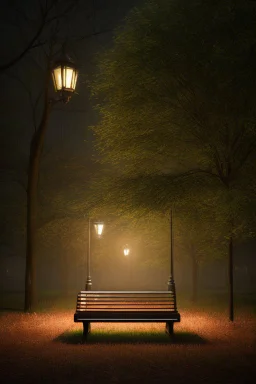 Park at night with lanterns, square bench, and dirt roads, trees, gothic horror films influence, creepy, photography