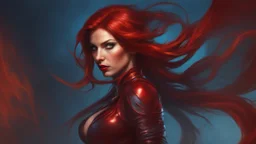 40 year old female sorcerer. face of a playboy model. Dressed in blood red small wicked weasel . Copper red hair. Perfect dark blue eyes. no jewelry. seductive. Hyperrealistic, splash art, concept art, mid shot, intricately detailed, color depth, dramatic, 2/3 face angle, side light, colorful background.