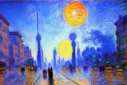 Epic futuristic street, exoplanet in the sky, claude monet impressionism painting