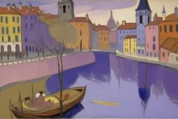 A light purple Venice like city with a river painted by Paul Gauguin