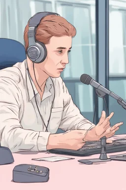 The simultaneous interpreter is sitting at a table with headphones with a microphone at a foreign briefing, the background is blurred, everything is in pastel colors, the hands are drawn with precision.