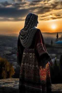 A Palestinian woman wearing an embroidered dress with the city of Jerusalem behind her during a winter sunset