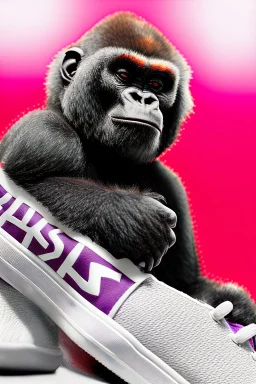 a profile picture of a small gorilla sitting in a purple Converse sneaker, like it's a car, comic style