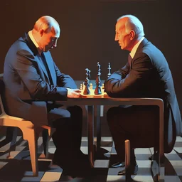 Putin, President Xi Of China And Joe Biden Play Chess between lights and shadow With A Pigeon,And Atomic Bomb Mushroom Cloud,Complex Surgical Instruments Intermixed With A Newborn Boy,Minimalism,Painting By Adrian Ghenie,Rene Magritte,Pablo Picasso,Michelangelo,Salvador Dali,Lucian Freud