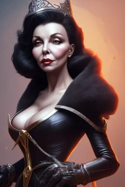 Joan Collins as evil queen in black leather, leather, busty, cleavage, angry, stern look. character design by cory loftis, fenghua zhong, ryohei hase, ismail inceoglu and ruan jia. unreal engine 5, artistic lighting, highly detailed, photorealistic, fantasy