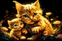 extreme cuteness, closeup, flowercut, shiny metallic pastel watercolor, black light art, golden glitter outlines, double exposure, merged layers, heart and love, A cute chibi mohair 3D happy cat mother watching her child take their first steps toward independence, pride and worry mixing in their eyes, S<AI in sunshine, ethereal, cinematic postprocessing, black background
