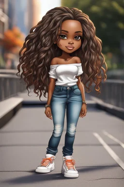 Create a airbrush a chibi cartoon of a black female with long ombre locs in her hair. She is wearing high profile sneakers with tight white cut up jeans and an orange off the shoulder blouse. Prominent make up with brown eyes. Her hair is highly detailed and shiny. Background of her walking on a sidewalk on a bridge.