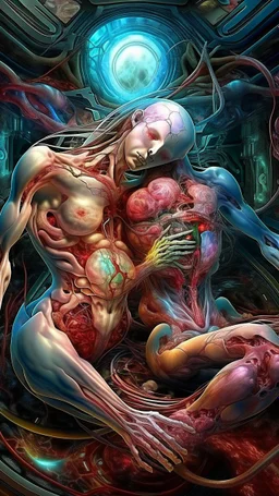 cinematic visceral style gore photorealistic fleshy quantum vortex dmt lsd photo of 2 conjoined mangled bodies making love, 1 soul vortex, complementary, anatomically fragmented, ripped apart again being flayed, skinned alive. A beating heart, muscles, blood vessels, bowels, entrails are exposed. anatomy. physiology. Bosch and Dali inspired hallucinations. mythology. grotesque.