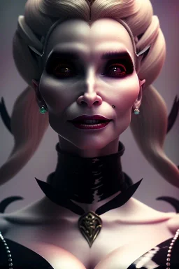 Constance Langdon as evil queen in black leather, leather, busty, cleavage, angry, stern look. character design by cory loftis, fenghua zhong, ryohei hase, ismail inceoglu and ruan jia. unreal engine 5, artistic lighting, highly detailed, photorealistic, fantasy