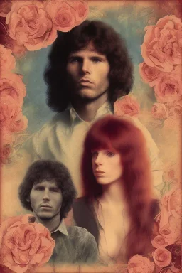 Jim Morrison and Pamela Courson ,music, NSFW, watermark, bohemian style , blurry,beautiful faces,elegant,roses, fantasy by anni dittman