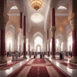 Hyper Realistic lots of people Praying-Namaz inside a huge Mosque-hall-with-white-&-maroon-walls-&-fancy-pillars decorated with traditional-lamps & beautiful carpets showing dramatic-&-cinematic-ambiance