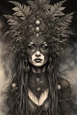 portrait vantblack pouring Acrylic an cyberpunk shaman woman extremely textured botanical-metal faced portrait with a voidcore metal gothica headdress with metallic filigree gothica ornaments around onix stones mineral stone metallic watercolour an black ink filigree silver voidcore shamanism foral ornaments plants and tree branches black ink on half face masque gothica filigree voidcore athmospheric organic bio spiral ökoart creepy stunning