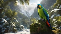 winter, (big animal) from the movie (parrot), octan render trends, photorealistic concept art, soft, dramatic, photorealistic, perfect composition, beautiful detailed, intricate, insanely detailed octan render popular on artstation, soft natural volume cinematic perfect light, masterpiece, (Jungle) in the background