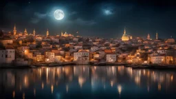 dream world, Turkish city harbour, calm beauty, fantasy world, magic, night, darkness, moonlight, starlight, splendor, uplifting, inspiring, therapeutic, chiaroscuro, color, award-winning colour photograph, beautiful composition, Nikon 135mm