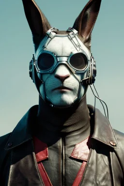 Medium Close Up Portrait, Front image. cyberpunk, rabbit mask, british man, white short hair. leather, carbon suit. White, black, red, color. Mad max style. Color background, photo studio. Avatar image, highly detailed, concept art, smooth, unreal engine 5, god rays, ray tracing, RTX, lumen lighting, ultra detail, volumetric lighting, 3d, finely drawn, high definition, high resolution.