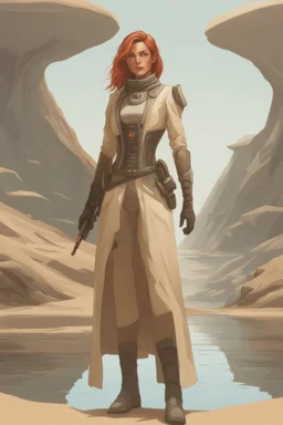 [Herbert's Dune] A woman in scifi outfit around a pond