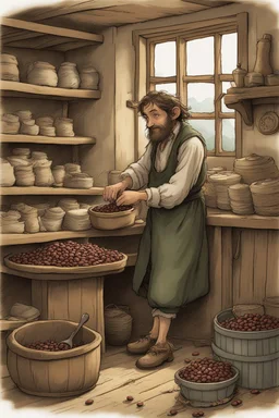 In the bustling inn, the lively hobbit worked tirelessly behind the counter. Though small in stature like all of his kind, he performed his duties with great skill and care. When weighing the beans, his large hairy feet moved deftly. His eyes, often wide with childlike wonder, keenly examined each bean. Into the grinder they went, ground to just the right texture - neither too fine nor too coarse. Under his fingers, the machine sang a steady song as the shots were pulled. The crema