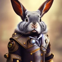 steampunk rabbit, extremely detailed, UHD, 8k,The close-up camera effect,sharp focus,perfect, background forest,position,hyperphotorealistic