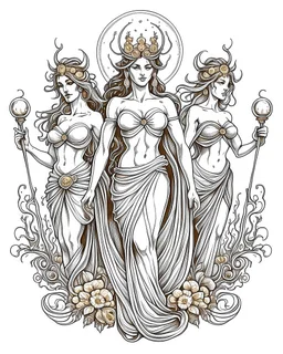 The Fates (Clotho, Lachesis, and Atropos).. realistis tatto sketch style, white background, profesional tatto sketch