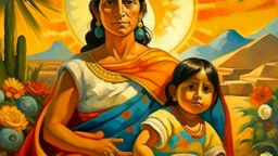 2 mexican woman painting mother and childneoclassism whole body zoom the sun