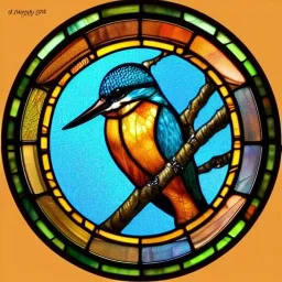 round coaster of kingfisher with stained glass window effect, highly detailed, intricate, warm colors, digital painting