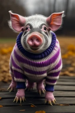 A pig with purple skin wearing a striped sweater