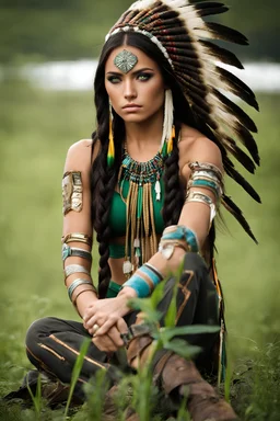 Beautiful girl with rainbow eyes, warrior, Native American, green and gold eyes, strong, sad, resilient, full body tough stance, photo-real