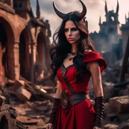 a beautiful tiefling woman with dark hair in a sleeveless battle outfit, amidst the ruins of a medieval town destroyed by war, photo quality, the whole scene in dark red colors