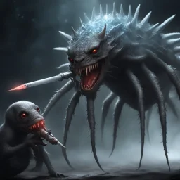 Despite its fragile appearance, there is an undeniable aura of menace that emanates from the creature. Its very existence defies logic and reason, a twisted fusion of science and nightmare that should never have been brought into being. The vaccination syringe, gleaming with malevolence, extends from the creature's arm like a deadly weapon waiting to strike