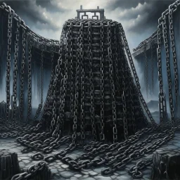 A black spongy fortress filled with chains painted by Qiu Ying