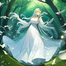 very gorgeous anime girl in white dress, very detailed, trees, birds flying, green trees