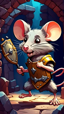Shield Bash: "A cartoon rat with a tiny shield, pushing back an enemy, exaggerated motion, whimsical dungeon setting, fantasy illustration, vibrant and playful style."