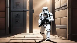 a dusty stormtrooper escaping from a rebel jail, he is on the doorstep, laser bars on the door, in the shadow of the doorstep