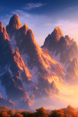 big rock mountains with and orange dawn sky with no clouds close montains anime style