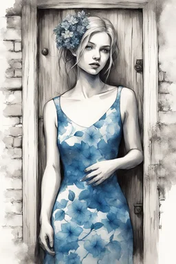 b&w sketch art, close up white woman in a blue vintage dress, background old wooden door, overgrown with green ivy with blue flowers, cracks, brick, sepia, watercolor, by Ryohei Hase, Agnes Cecile, Raymond Swanland, Anne Bachelie