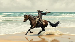 Fantastic illustration of an enigmatic figure on a galloping horse right where the wet sand meets the sea foam.