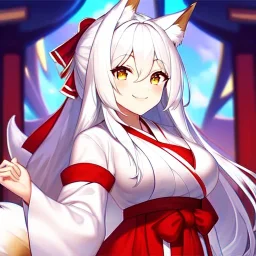 Clear focus, 8k, beautiful lighting, vibrant colors, fox girl, white hair, long hair, golden eyes, miko, tail, smile,