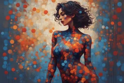 beautiful brunette sensual woman in a body suit, vibrant deep colors abstract minimalism impasto oil atey ghailan Andy Kehoe Jean Baptiste Monge Nagasawa Rosetsu Arthur Adams Hokusai style math art platinum dots concrete art burgundy deep blue golden foil wiring diagram made of dot squares wood stone chopped metal by Norman Rockwell Anton Fadeev krenz cushart disco club deep lighting neon ambience rich light, sequins, glitters, crystal dust, glowing effect rim light, inner glow, volumetric light