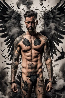 a surreal collage in ultra-realistic 8K quality depicting a tired and stressed man as the central focus, he is half naked and covered with trendy tattoos, huge black wings behind him, surrounded by an explosive array of distant smoke, ghostly figures, Barb wire and black feathers seamlessly coming together to form a unique display. Incorporate thick impasto-style oil paint spots in various areas to enhance the surreal and exceptional nature of the image