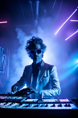 French cool synth player, he is called "Jean-Maurice Brûlée" performing at dance club, his name is "Jean-Maurice Brûlée" , white and blue Neon lights and smog, and "URANIUM" big sign on the wall, he is playing on synthesizers on stage with lot of laser beams and wearing black sunglasses