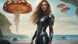 A Long-Haired Woman In A Robotic-Looking Catsuit Standing On A Beach, With Flying Mushrooms with Jellyfish Tentacles, a crashed Spaceship lying in the water, and a Forest in the distance, photorealistic