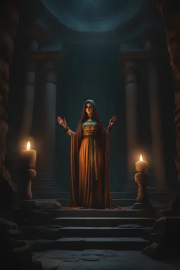 The high priestess of the god of death holding a sermon. tomb, tome, underground, ruin, temple. Cinematic lighting, Volumetric, lighting, Epic color composition, the , octane render,