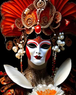 Beautiful venetian canial wite ad black bioluminescense and orange and ginger red irridescensestyle woman adorned with pearl art, mollusk shell headress with mollusk shell colour red and orange water lily black irridescent flower wearing pearl art style mollusk shell ribbed costume metallic filigree venetian carnival style Golden dust make up, irridescent masque and costume organic bio spinal al ribbed bokeh mollusk pearl art shell background full florals lights extremely detailed hyperrealist