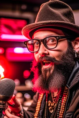 Man firestarter with a microphone in hand, wearing glasses, hat, beard, hard rock man and metal radio host sleeping in the background