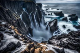 This mesmerizing ocean cliff scene captures the dramatic power and beauty of nature. Towering rugged cliffs stand majestically against the vast expanse of the ocean, where the water pours into a singular bottomless pit. The cliffs, with their sharp and jagged edges, create a stark contrast to the rough, flowing water, making the scene even more captivating. Sunlight pierces through the mist rising from the waterfalls, creating a magical, ethereal atmosphere