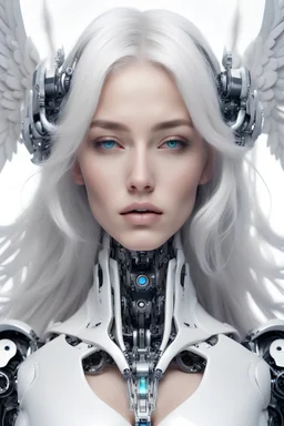 robot, beautiful woman, white hair, angel,