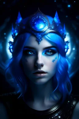 femme naturele en face,cheveux bleu,couronne métallique spatiale,yeux bleus,peau bleau,combinaison spatiale,lumière,haute definition